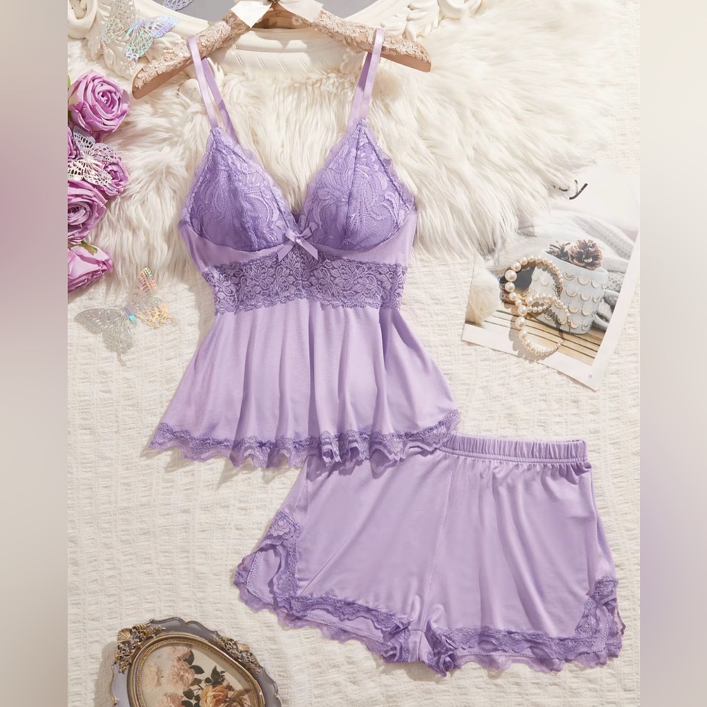 Elegant Sexy Lace Trim Purple Sleepwear Pajama Set Comfy Soft Boutique M NWT